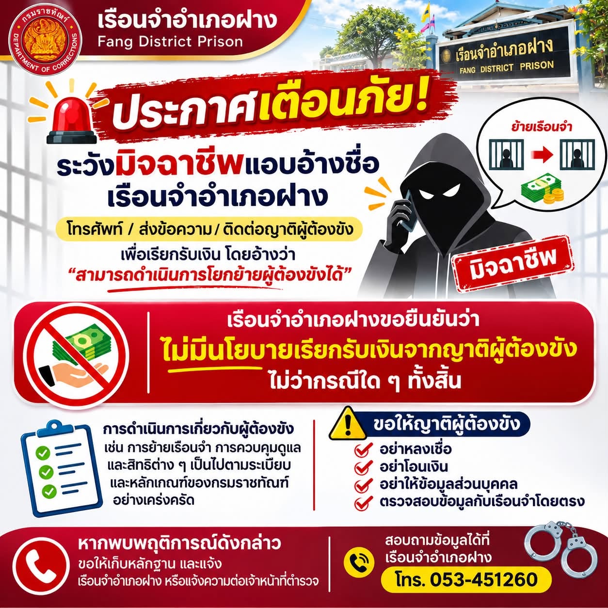 เรือนจำอำเภอฝางเตือนภัย  มิจฉาชีพแอบอ้างชื่อเรียกรับเงินอ้างช่วยย้ายผู้ต้องขัง ยืนยันไม่มีนโยบายเรียกเก็บเงิน